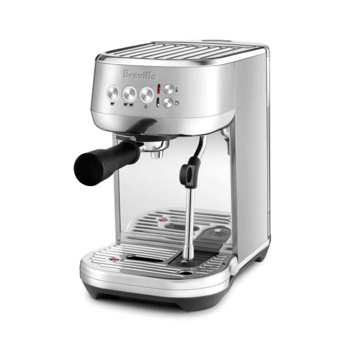 Breville Bambino Plus stainless-steel espresso machine, viewed from the front and right side