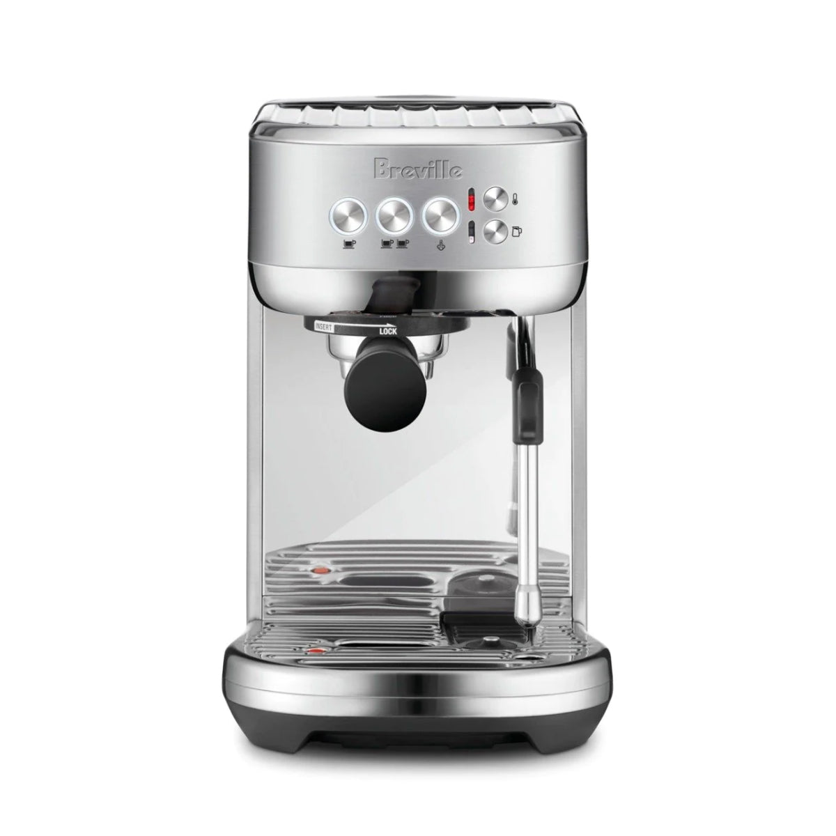 Front view of the stainless-steel Bambino Plus and its automatic steam wand